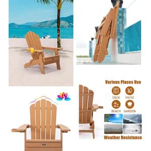 Brown Folding Composite Adirondack Chair with Pullout Ottoman and Cup Holder