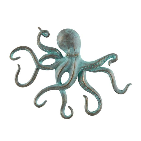 Blue Polystone Distressed Patina Octopus Sculpture with Gold Foil Accents