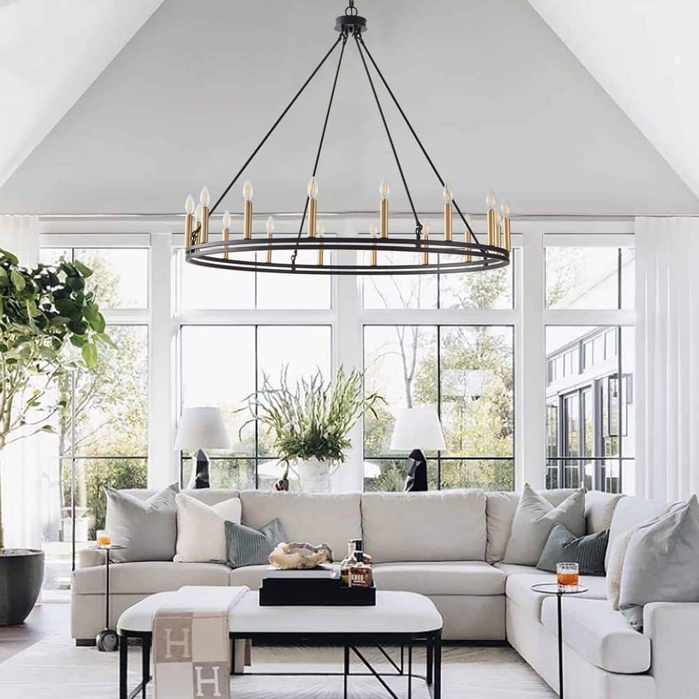 47.24 in. 26-Light Matte Black Classic Farmhouse 2-Tier Wagon Wheel Candle Style Chandelier price history on PriceWatchPro
