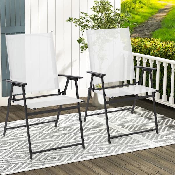 2 Pieces Metal Patio Folding Chairs with Armrests for Deck Garden Yard-White