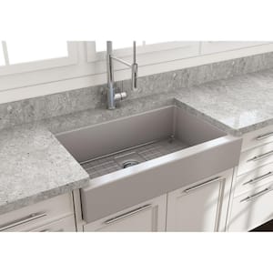 Nuova Pro 34 in. Short Apron Drop-In/Undermount Single Bowl Matte Gray Fireclay Kitchen Sink with Grid in. Strainer