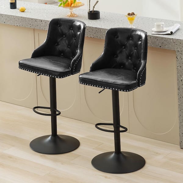 JEAREY Antique Black Adjustable High Back Bar Stool with Black Metal Frame Counter Height Faux Leather Counter Stool (Set of 2)