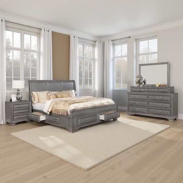 Benjara Lio 4-Piece Gray and Nickel Queen Wood Bedroom Set
