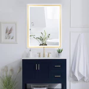 28 in. W x 36 in. H Rectangular Framed Anti-Fog LED Light Wall Bathroom Vanity Mirror with Touch Button, Brushed Gold