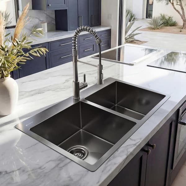 33 in. Drop-In Double Bowl 18 Gauge Gunmetal Black Stainless Steel Kitchen Sink with Black Spring Neck Faucet
