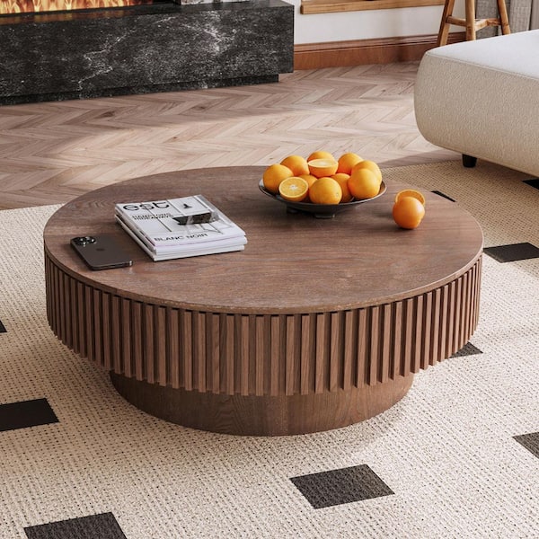 Leigh 39.37 in. Brown Round MDF Wood Coffee Table with Storage, Fluted Design, Walnut