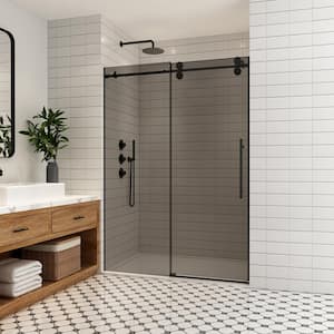 Echarri 48 in. W x 78 in. H Single Sliding Frameless Shower Door in Matte Black with Tinted Glass