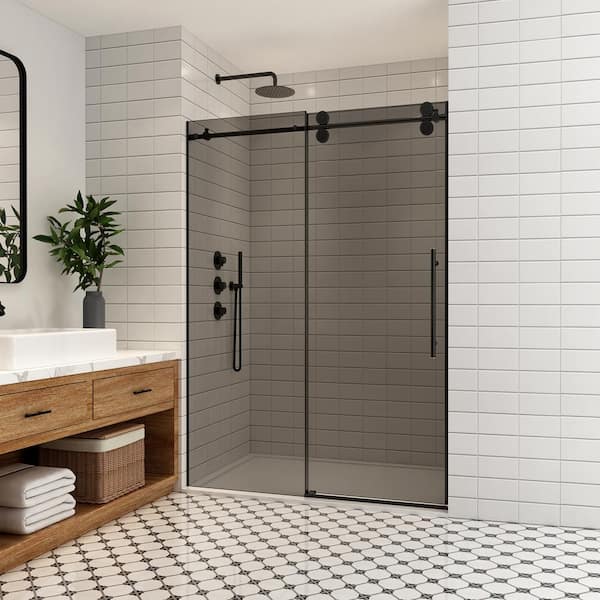 ROSWELL Echarri 48 in. W x 78 in. H Single Sliding Frameless Shower Door in Matte Black with Tinted Glass