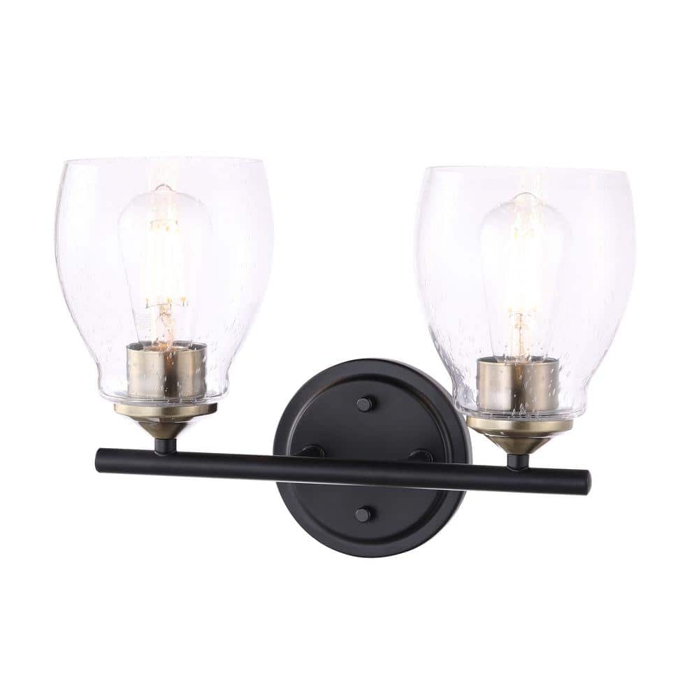 Winsley 14 in. 2-Light Black and Stained Brass Vanity Light with Clear Seeded Glass Shades price history on PriceWatchPro