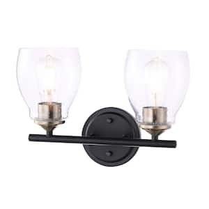 Winsley 14 in. 2-Light Black and Stained Brass Vanity Light with Clear Seeded Glass Shades