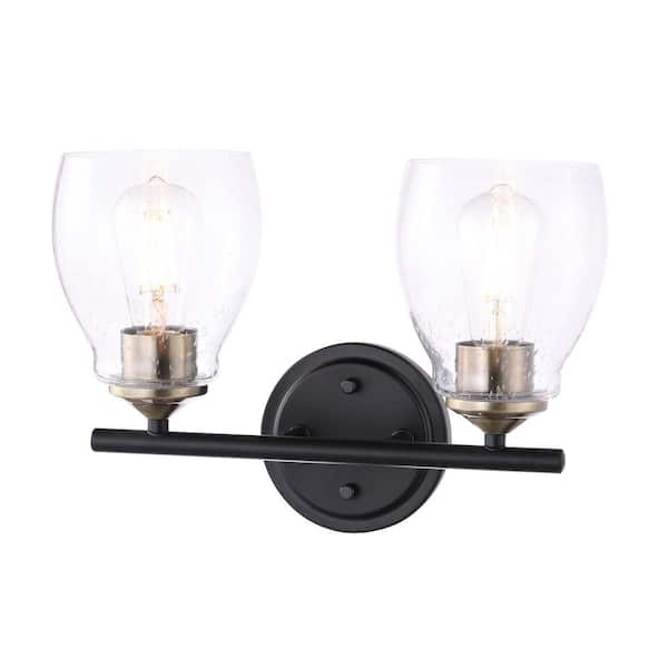 Minka Lavery Winsley 14 in. 2-Light Black and Stained Brass Vanity Light with Clear Seeded Glass Shades