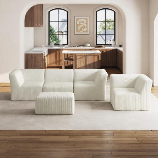 106.15 in. Square Arm 5-Piece Corduroy Modular Free Combination Sectional Sofa in Beige with Ottoman