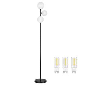 71 in. Modern 3-Light LED Black Tree Floor Lamp with Foot Switch and Globe PC Shades