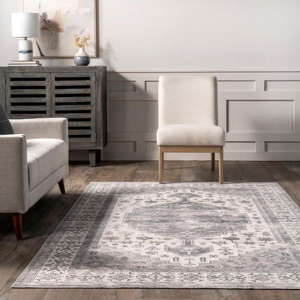 nuLOOM Brielle Machine Washable Vintage Medallion Area Rug - Grey - 2x3 Feet