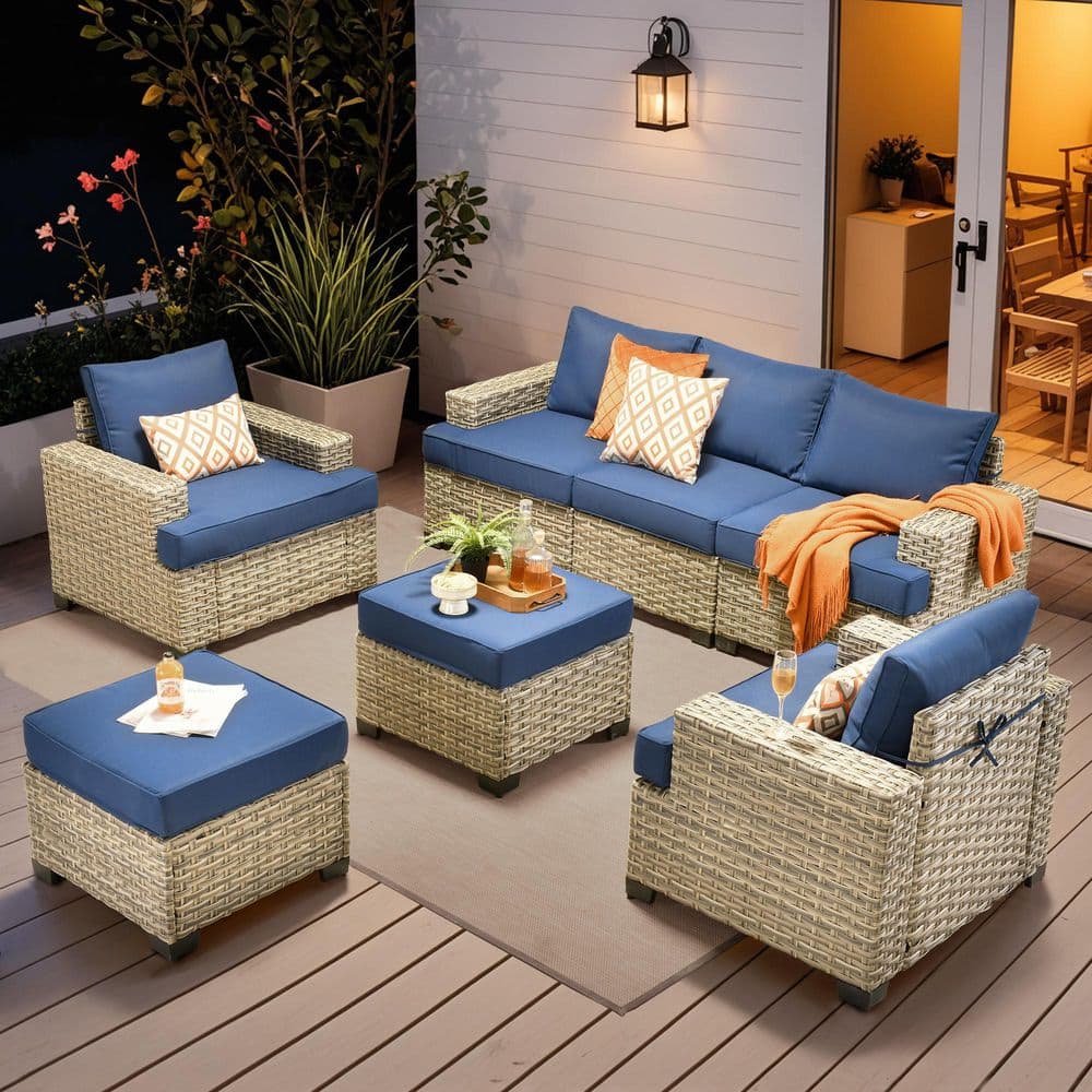 Tiberty Gray 7-Piece Wicker Patio Conversation Seating Set with Navy Blue Cushions price history on PriceWatchPro