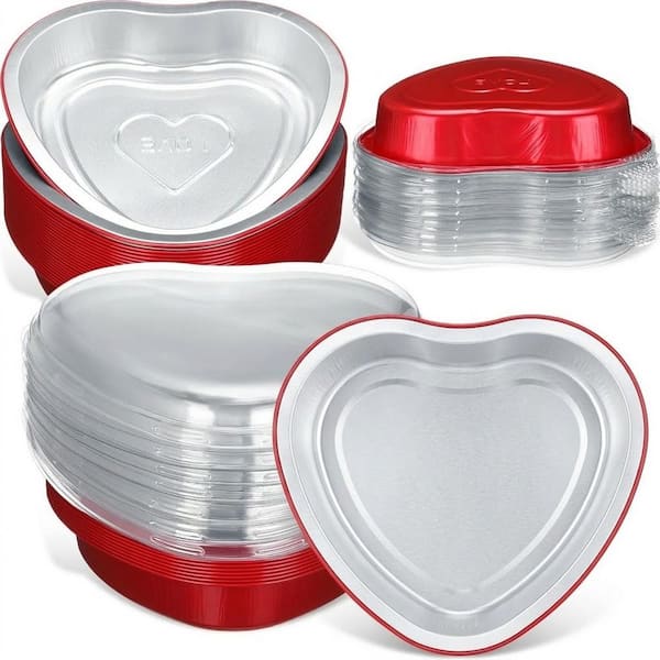 25 Piece Aluminum Heart Shape Cake Pan Set with Lids Large Red Foil Baking Cups for Desserts Parties Events