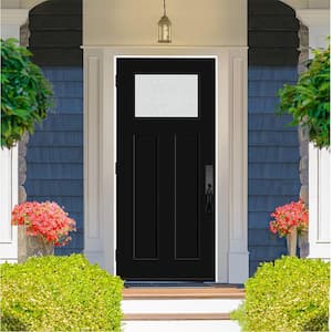 Legacy 36 in. x 80 in. Universal Handing 1/4 Top lite Rain Glass Primed Black Finish Fiberglass Front Door Slab