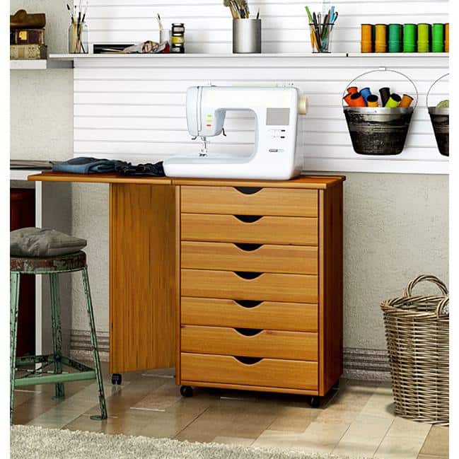 Medium Pine Solid Wood 7-Drawer Rolling Craft Desk