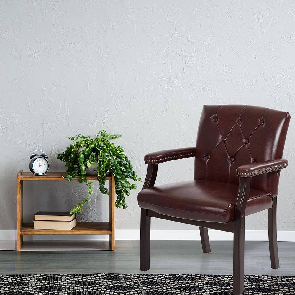 Oxblood Vinyl and Mahogany Traditional Guest Chair