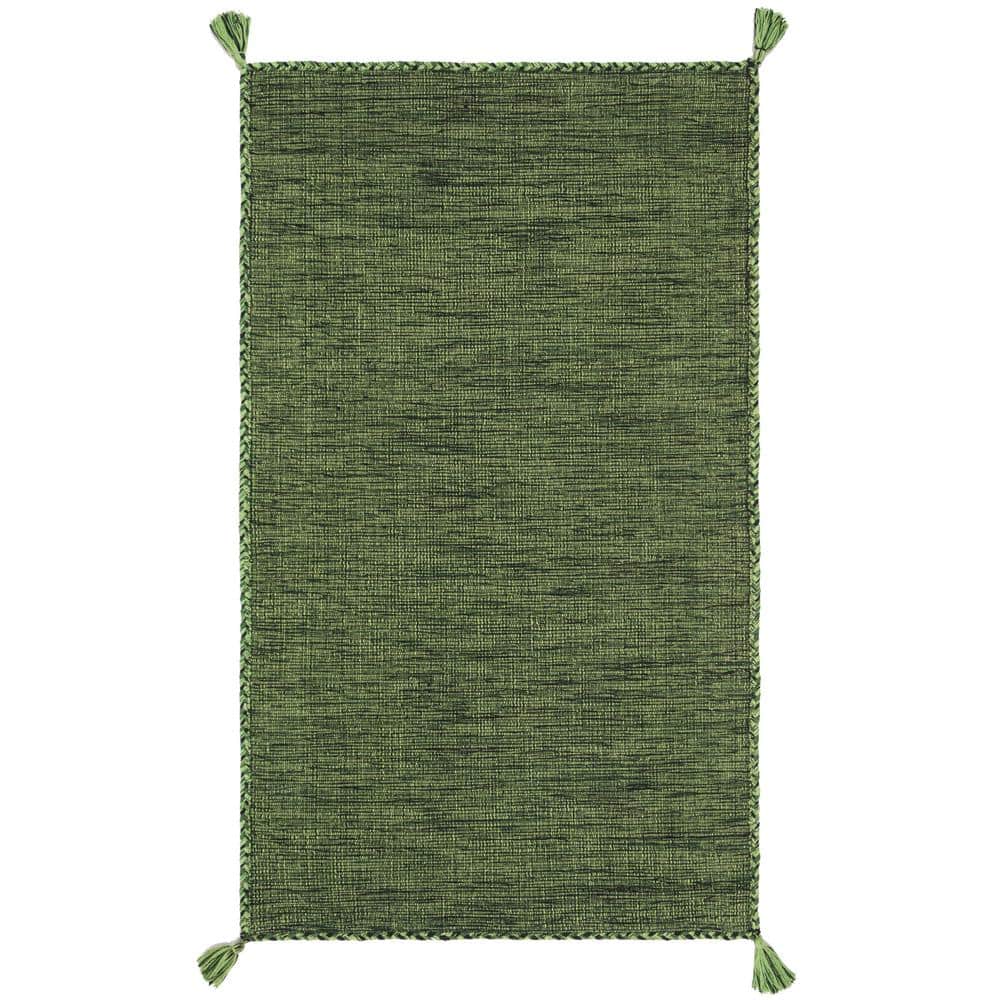 Handmade Green and Black Cotton Flat Woven Reversible Rug, 2' x 3'