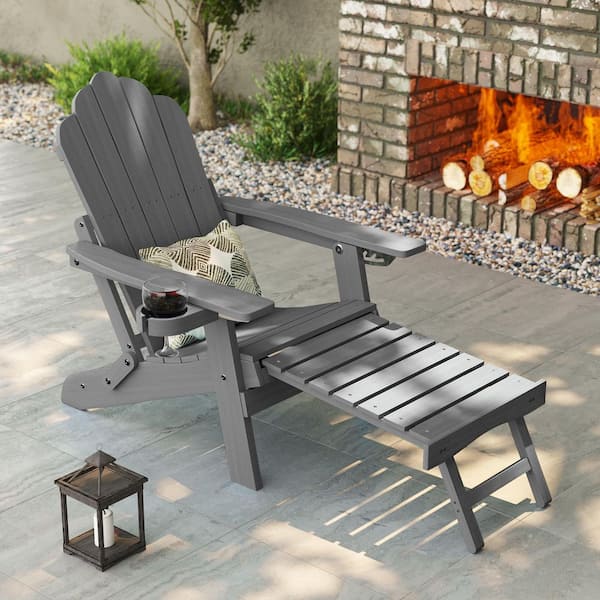 Gray Folding Adirondack Chair with Retractable Ottoman, Weather Resistant Fire Pit Patio Chair with Cup Holder