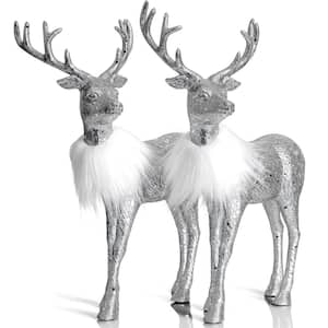 12  in. Silver Glitter Christmas Reindeer - Holiday Deer Figurine Statues Dinner Table Decor Centerpiece (Set of 2)