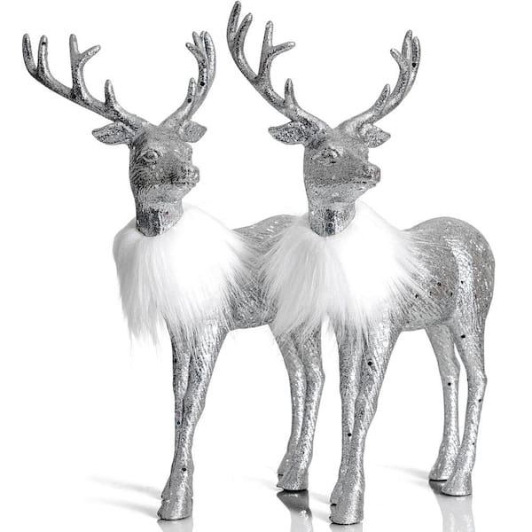 ORNATIVITY 12  in. Silver Glitter Christmas Reindeer - Holiday Deer Figurine Statues Dinner Table Decor Centerpiece (Set of 2)