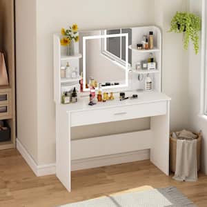 White Dresser LED Color Change Mirror Makeup Dressing Table With Drawer, Stool (56.1 H x 42.4 W x 15.7 D inch)