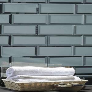 Reflections Graphite Blue Beveled Subway 3 in. x 12 in Glass Mirror Wall Tile (1 sq. ft.)
