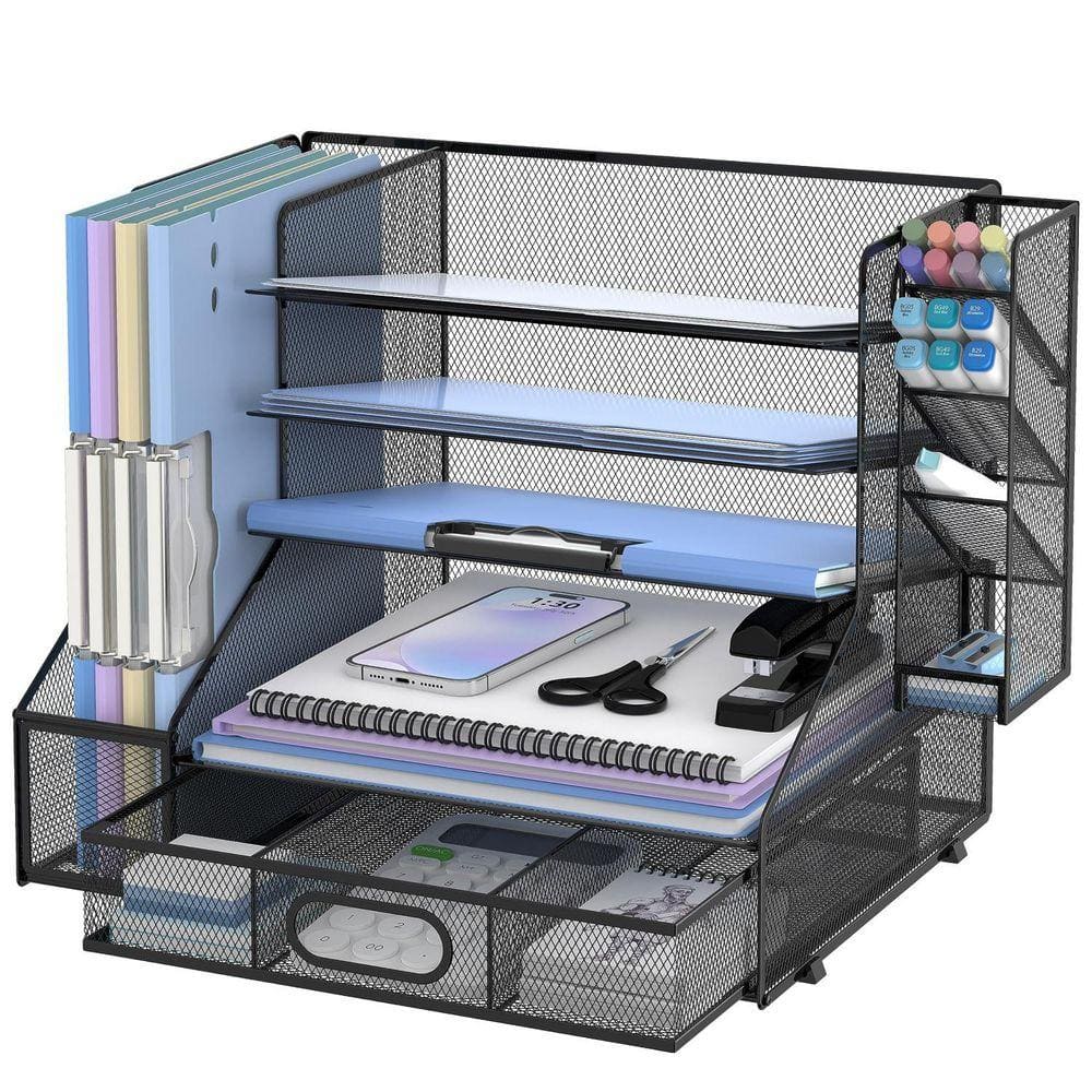 12.9 in x 15.62 in 5 Tier Desk Organizer with File Holder, Mesh Paper Letter Tray and 3 Tilted File Sorter, Black
