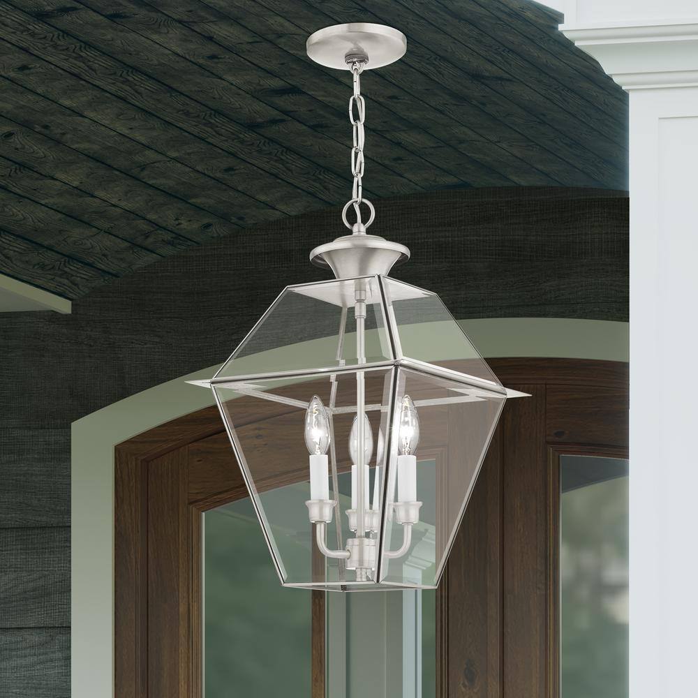 Brushed Nickel 3-Light Outdoor Pendant Lantern with Clear Beveled Glass