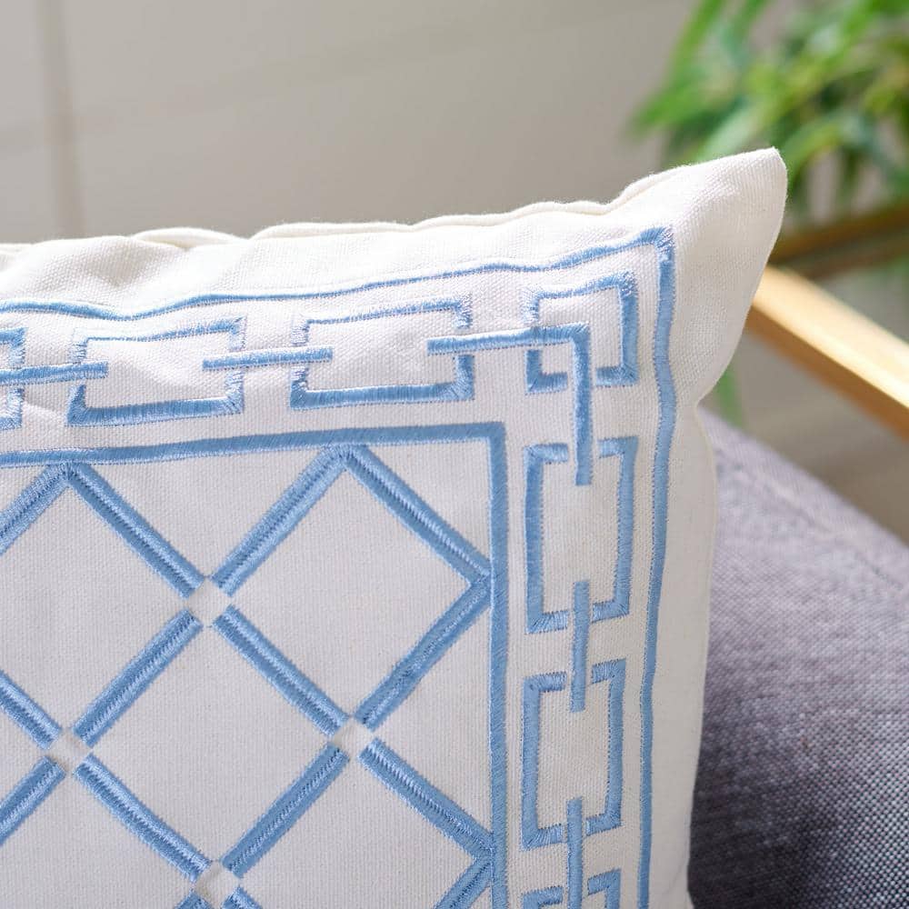 Blue and White Embroidered Cotton Square Throw Pillow