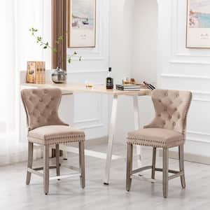 Harper 24 in. Taupe Velvet Tufted Wingback Kitchen Counter Bar Stool with Solid Wood Frame in Antique Gray (Set of 2)