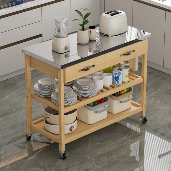 Natural Wood 44.10 in. Rolling Kitchen Island with Stainless Steel Countertop and Drawers