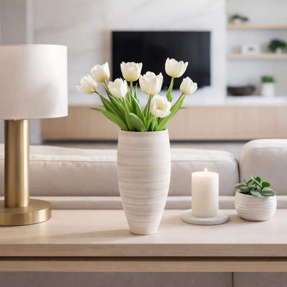 14 in. Tan/Ivory Ceramic Round Tapered Decorative Vase