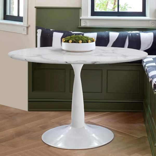 LAOTIES 40 in. x 40 in. Round White Pedestal Faux Marble Dining Table Seats 4 HARRIS WHITE The Home Depot