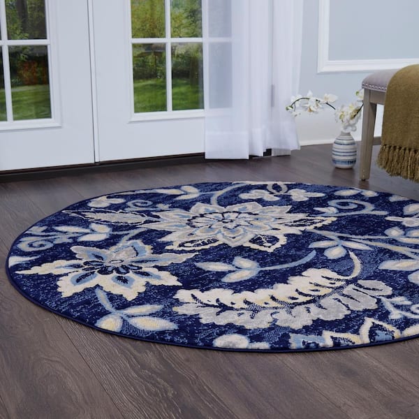 Tremont Navy Blue/Grey 5 ft. Round Floral Area Rug