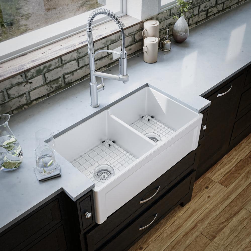 White 33" Double Bowl Fireclay Farmhouse Kitchen Sink