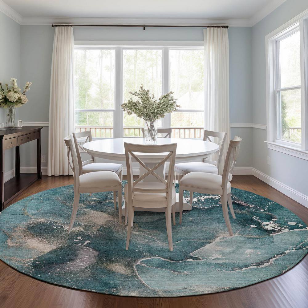 Teal Round Watercolor Pattern Machine Washable Area Rug