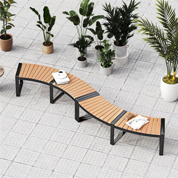 Backless 2-Person Patio Curved Bench with Slatted Seat and Metal Legs Oil Painted