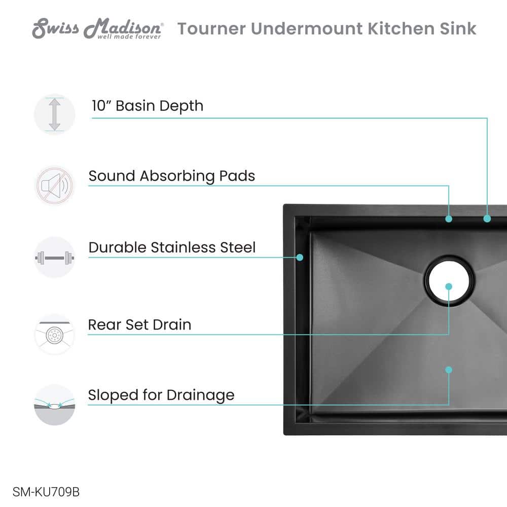 Tourner 27 x 19 Black Stainless Steel Single Basin Undermount Kitchen Sink