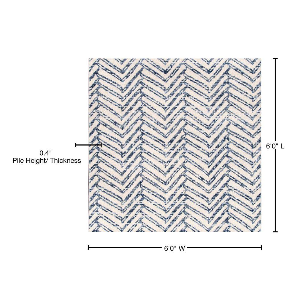 Blue and White Geometric Herringbone 6' Square Area Rug