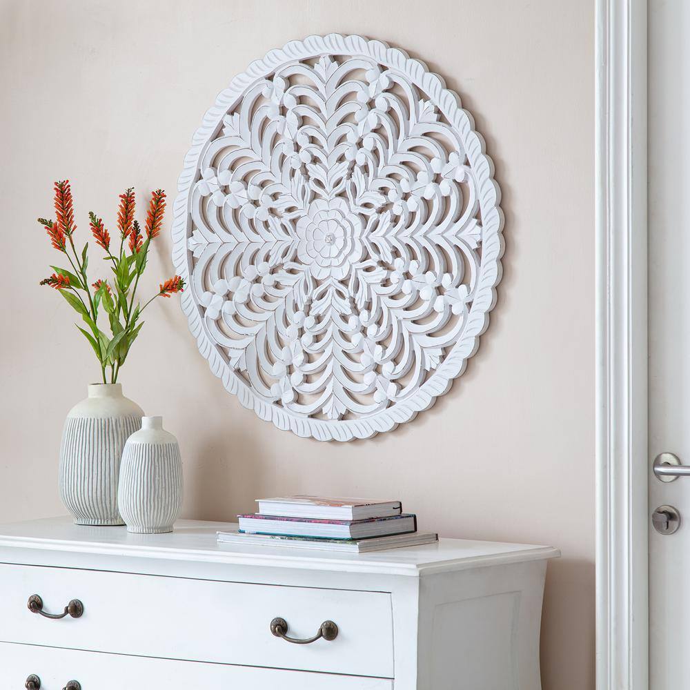 Lottie White Round Wood Bohemian Wall Medallion, 30-Inches