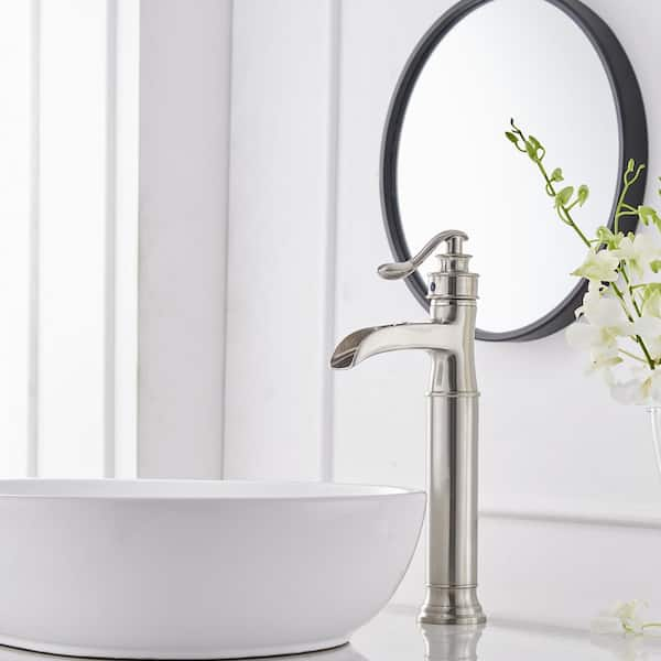 Waterfall Single Hole Single-Handle Vessel Bathroom Faucet With Pop-up Drain Assembly in Brushed Nickel