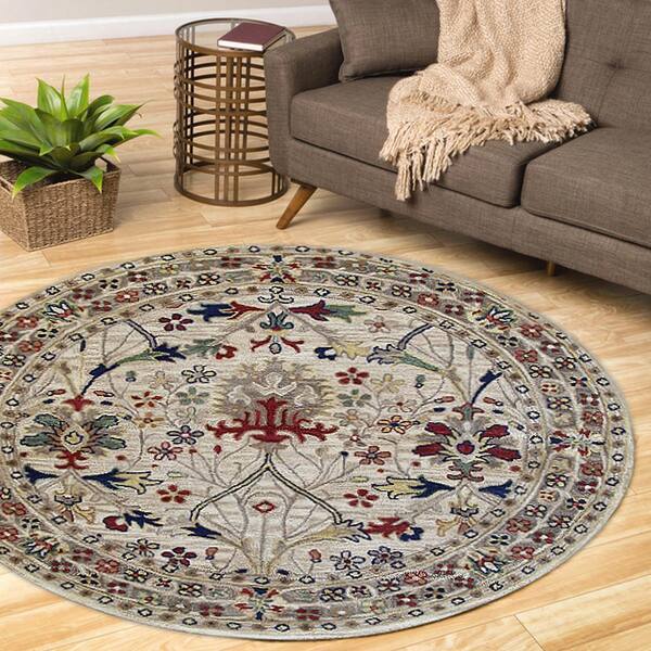 6 ft. Round Ivory Hand-Tufted Wool Traditional Morris Area Rug