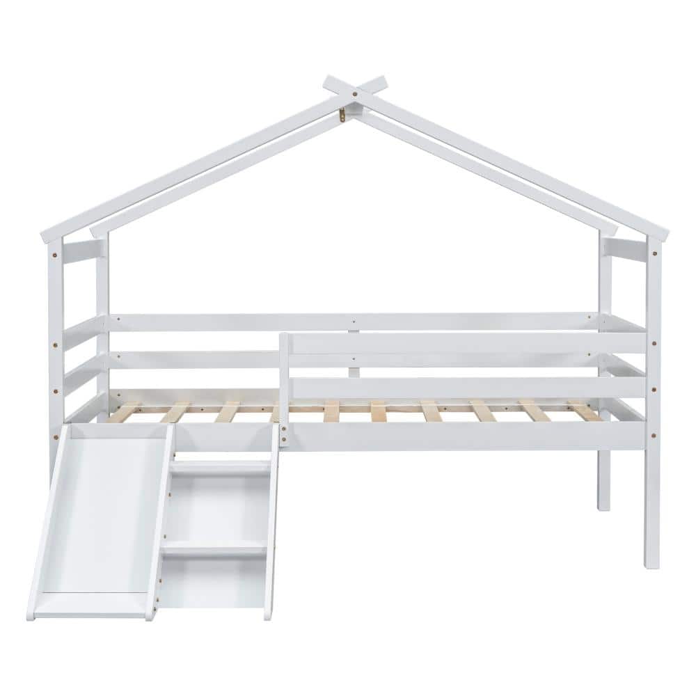 White Twin Wood Low Loft House Bed with Slide, Ladder, Safety Guardrails and Roof Frame durable construction price history on PriceWatchPro