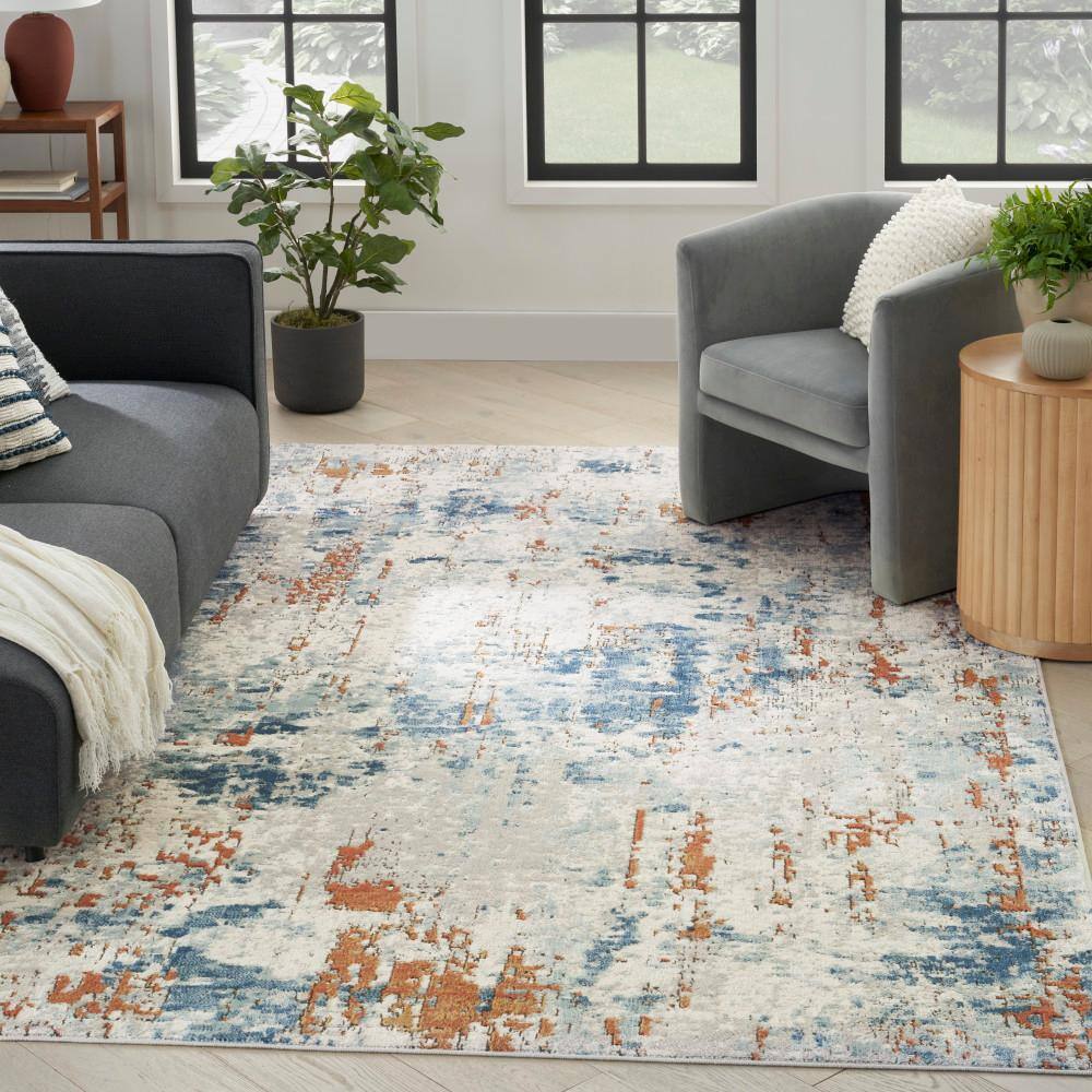 Handmade Beige Blue Rust Rectangular Abstract Synthetic Rug 8' x 10'