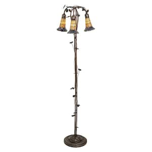 Pond Lily 58 in. Mahogany Bronze Victorian 3-Light Dimmable Arc Floor Lamp with Stained Glass Cone Shade