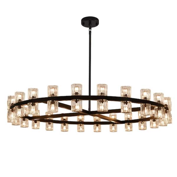 PUYRNF 48 lights 48 in. Black Wagon Wheel Chandelier, Crystal Round Chandelier for Dining Room, Living Room, Kitchen, Foyer