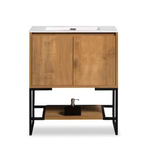 30 in. W x 19 in. D x 18 in. H Freestanding Bath Vanity in Oak with White Glossy solid surface Top